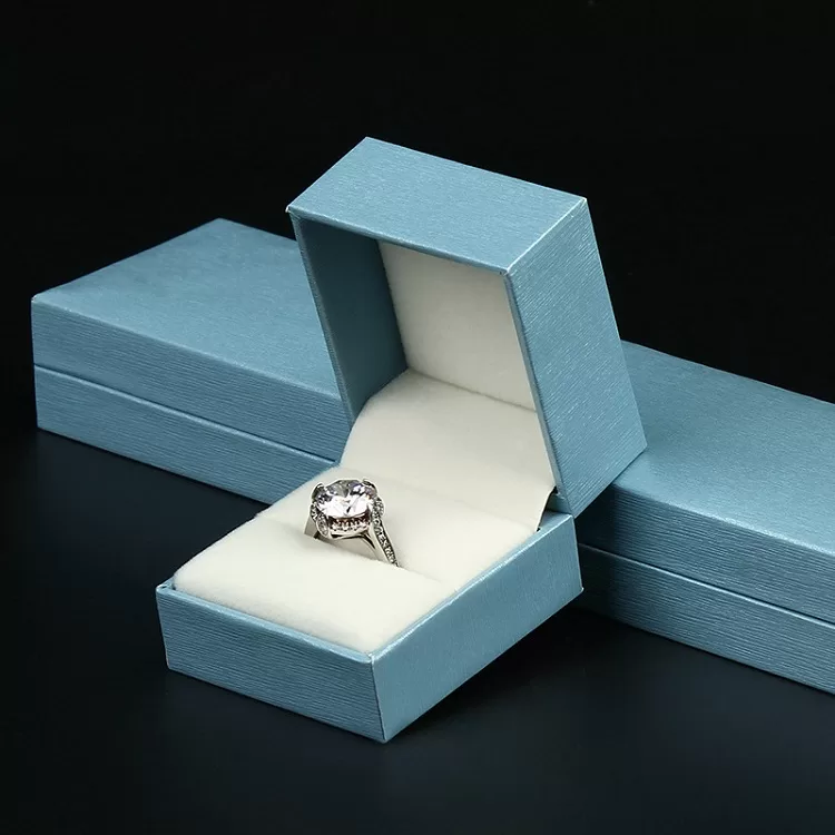Sharp edge blue ring box with textured paper finish wholesale.