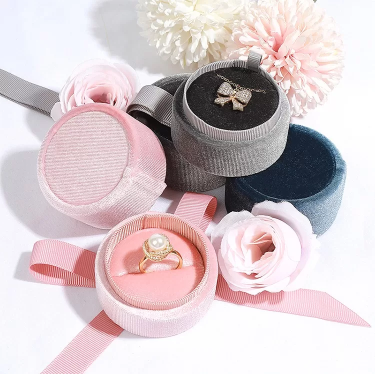 Round corduroy jewelry box with ribbon bow wholesale