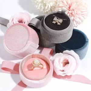 Round Corduroy Jewelry Box Wholesale with Ribbon Bow (Series 023-A)