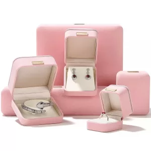 Tender Pink Microfiber Jewelry Box with Grey Trim & Gold Accent (Wholesale Series 028-D)