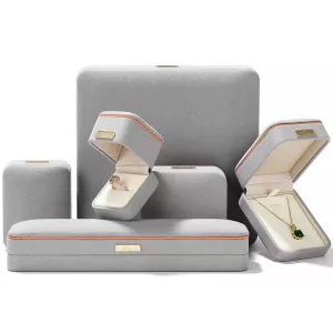 Light Grey Microfiber Jewelry Box with Orange Trim & Gold Accent (Wholesale Series 028-A)