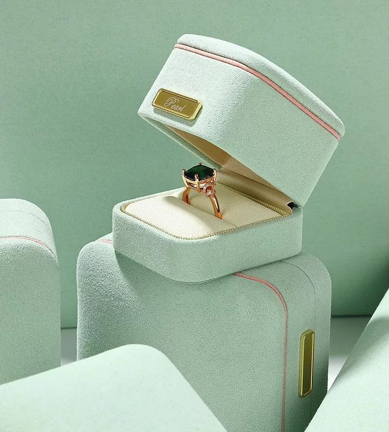 Close up of gold metal accent on light green jewelry case