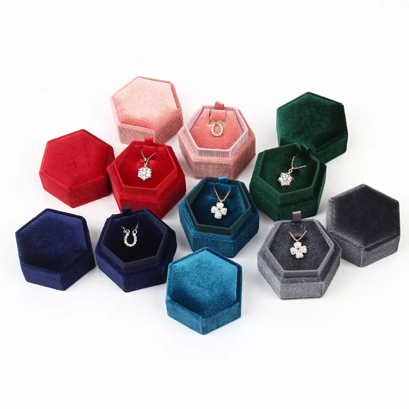 Navy blue corduroy earring box hexagon shape