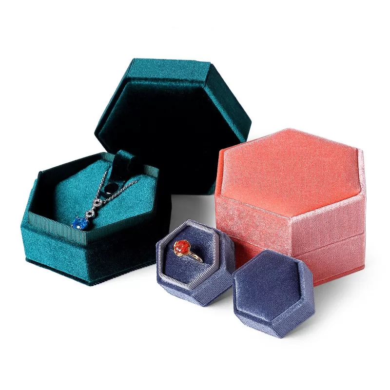 Hexagon corduroy jewelry boxes wholesale in pink green and blue