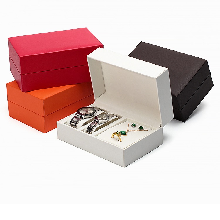 Luxury gift set packaging displaying his and hers watches and jewelry