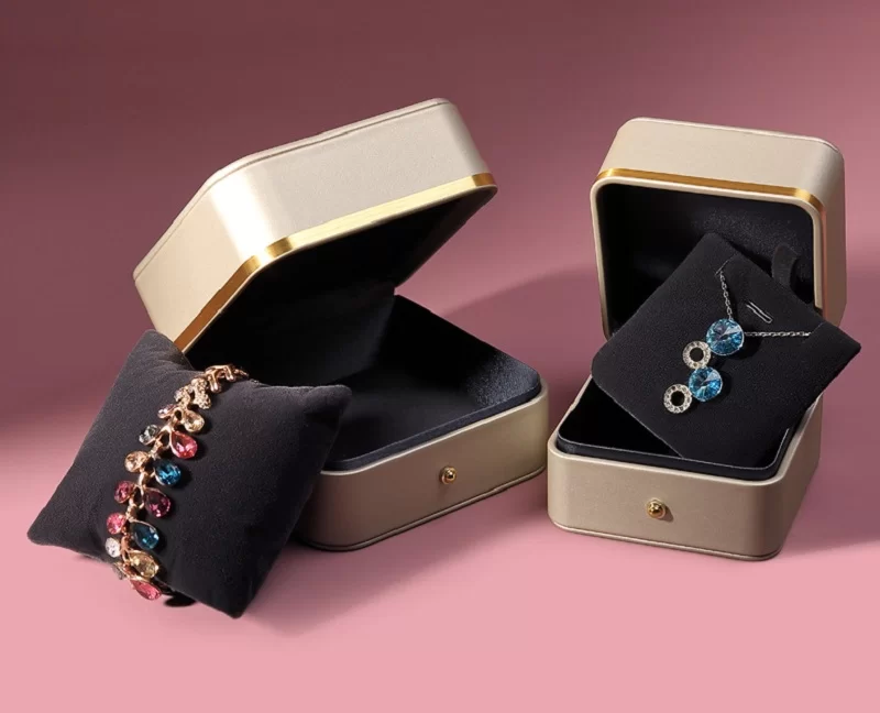 Close up of gold snap button mechanism on luxury leatherette box.