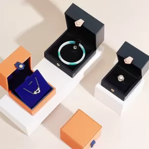 Luxury Straight Corner PU Leather Jewelry Box Wholesale | Gold Snap Button - Series 055