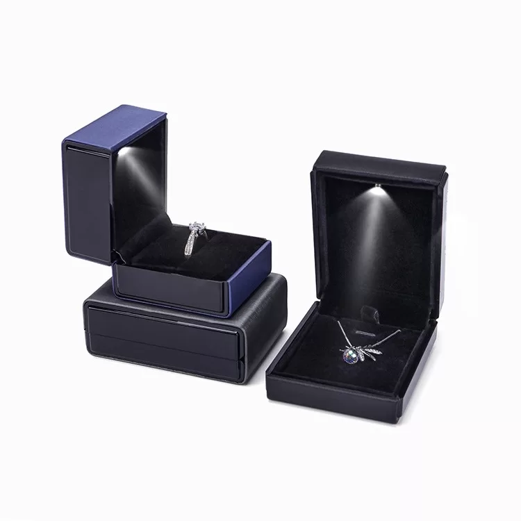 Close up of brushed leatherette texture vs glossy plastic sides on jewelry box.