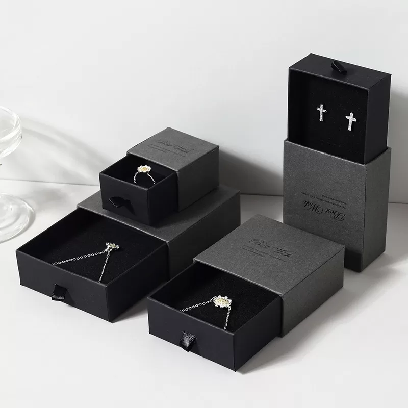 Pure black cardboard drawer jewelry box with matte finish for luxury branding