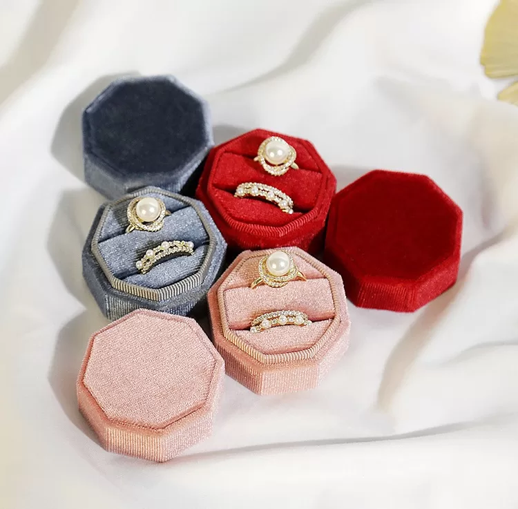 Close up of corduroy texture on geometric ring box