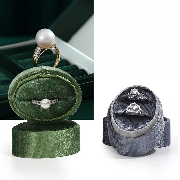 Close up of ribbed velvet texture on oval ring box