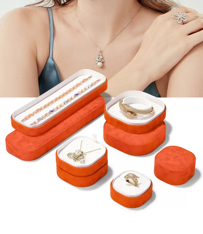 Luxury orange printed velvet jewelry box set with rounded corners