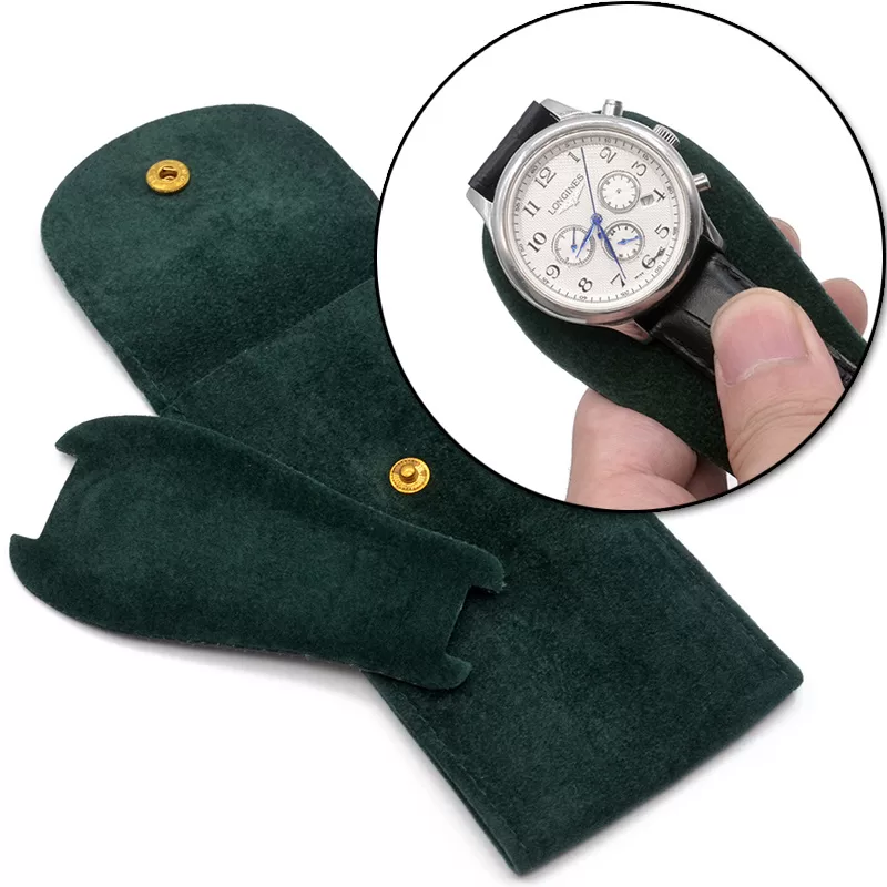 Open velvet watch bag revealing protective hard insert for watch dial
