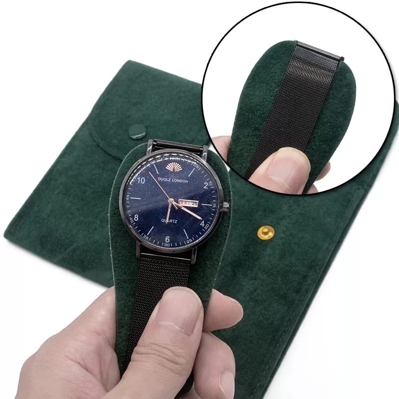 Emerald green grainy velvet watch pouch with snap button wholesale