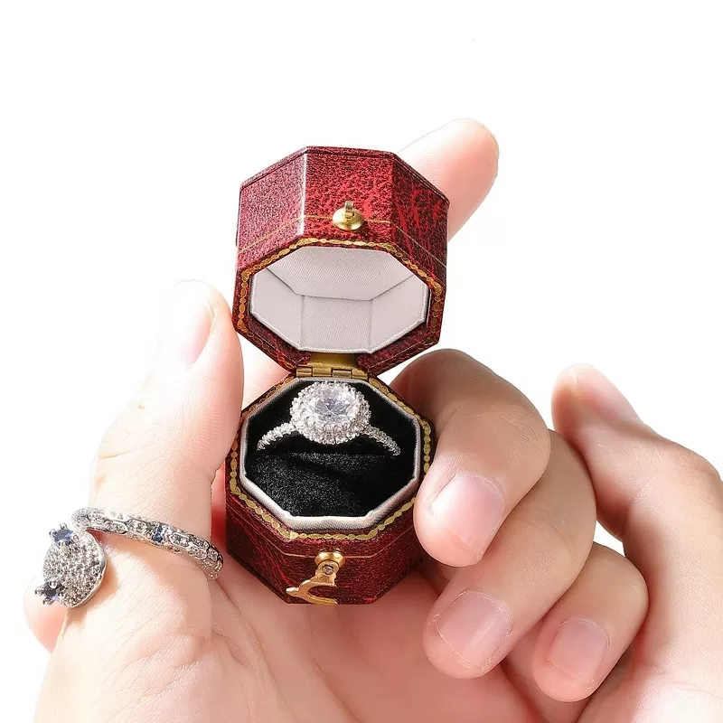 Mini antique engagement ring box with plush velvet insert and metal latch