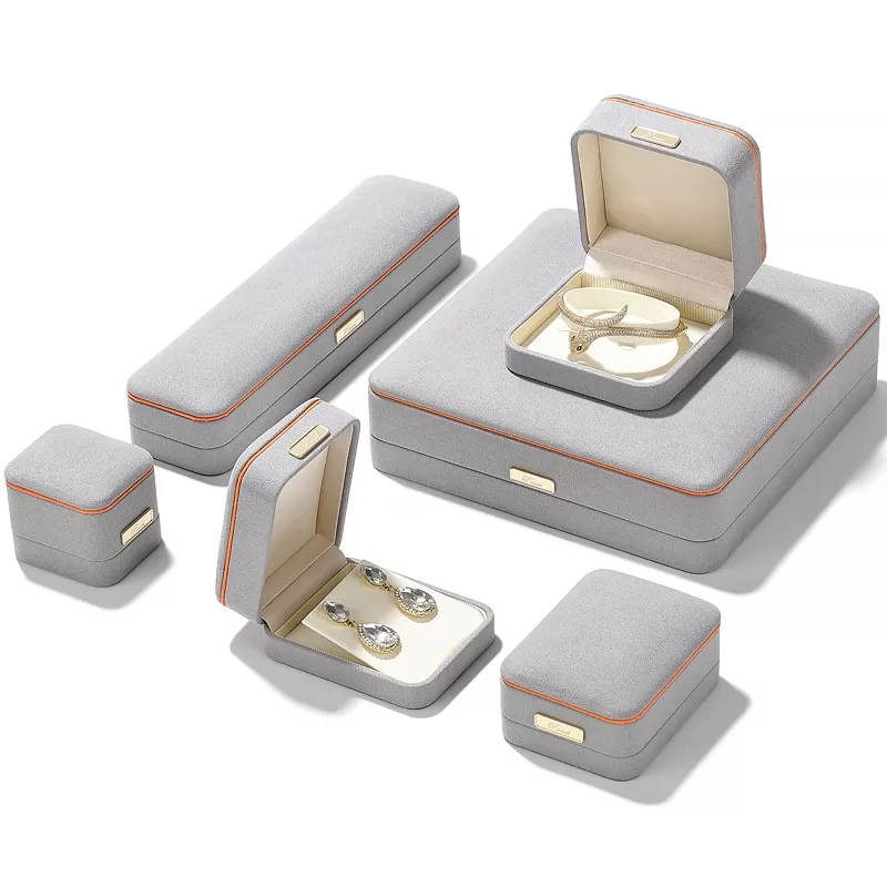 Suede pendant box light grey with beige interior for jewelry packaging
