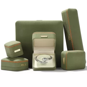 Grass Green Microfiber Jewelry Box with Grey Trim & Gold Accent (Wholesale Series 028-E)