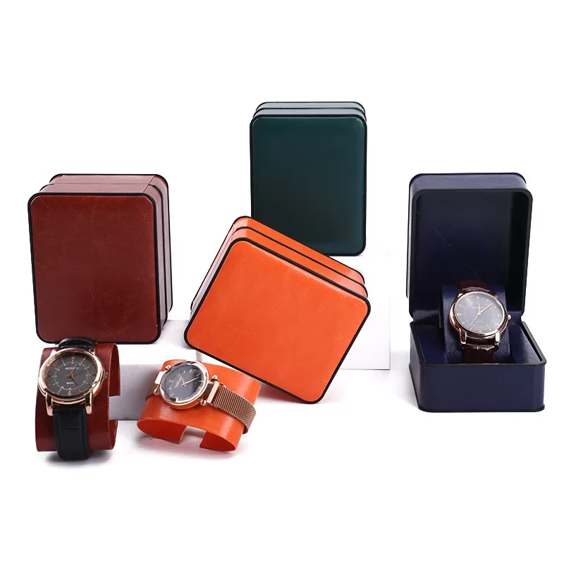 Rounded corner faux cowhide watch box open view with watch cushion