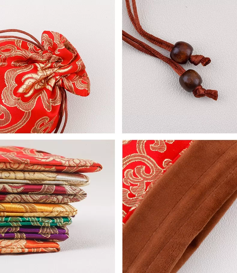 brocade double-layer drawstring pouch,jewelry pouch with flannel lining, brocade double-layer velvet-lined drawstring pouch,brocade padded drawstring pouch
