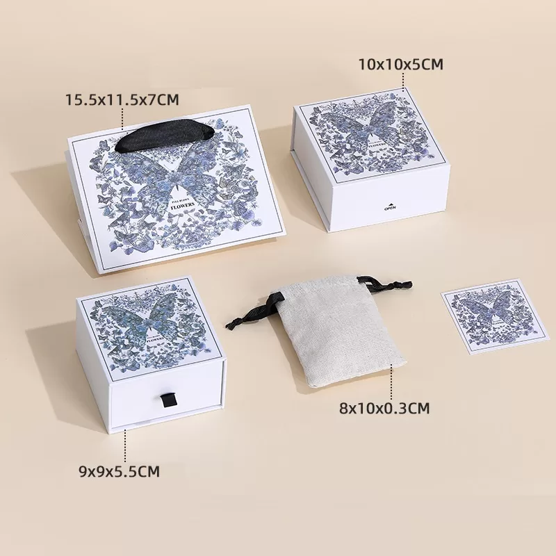 wholesale jewelry packaging suite with floral design for retail brands.