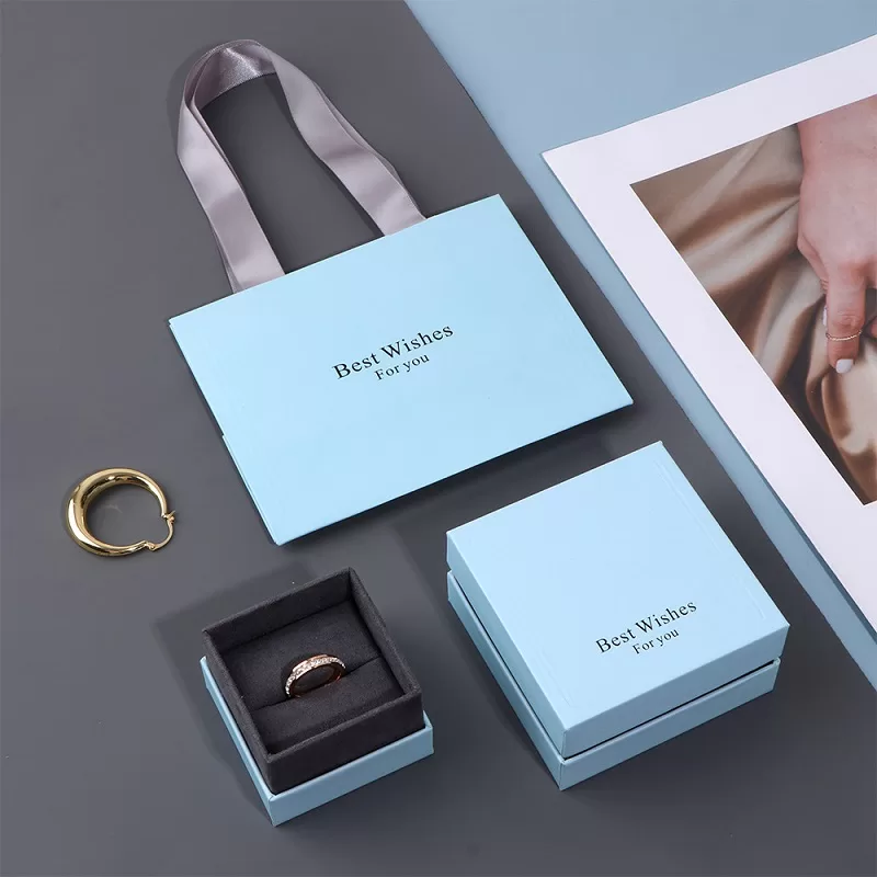 Luxury blue textured paper jewelry box wholesale with rigid cardboard structure