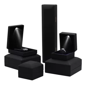 All-Black Illuminated Jewelry Box Wholesale | Matte Rubber Ring & Set Packaging