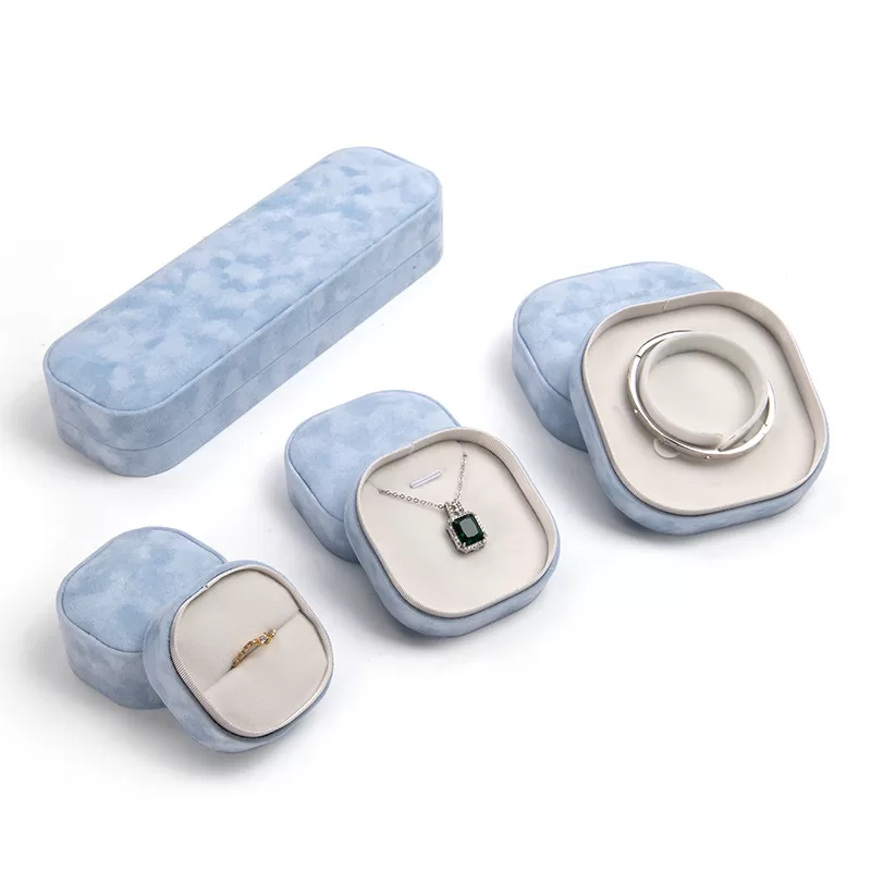 Luxury sky blue printed velvet jewelry box wholesale with rounded corners
