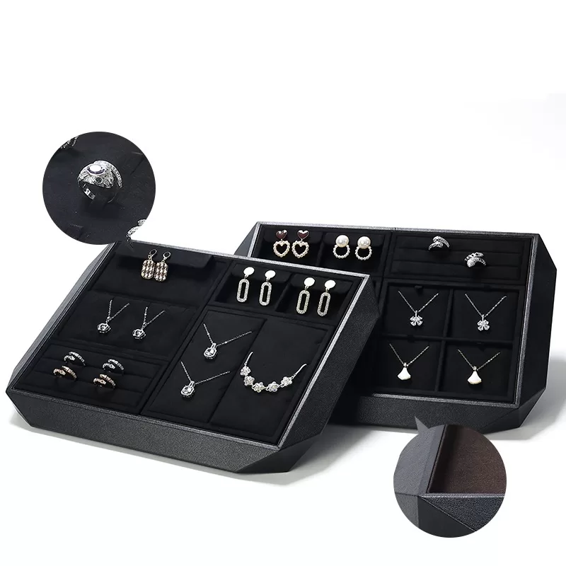 Modern black PU leather jewelry display tray with diamond cut corners for retail