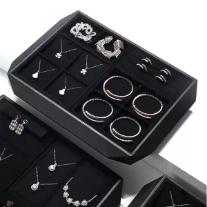 Modern Black PU Leather Jewelry Display Tray with Diamond-Cut Corners