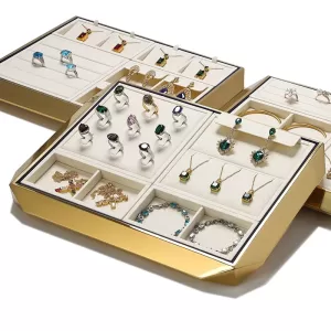 Luxury Gold Metal Jewelry Display Tray with Beige Microfiber Interiors
