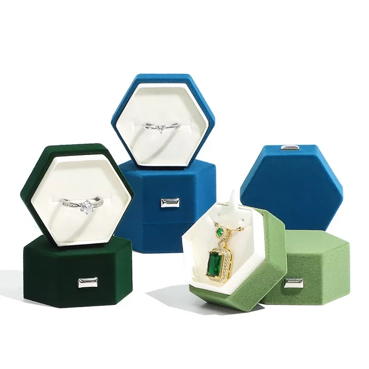 Silver grey velvet ring box side angle