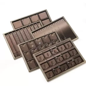 Coffee Brown Brushed Leather Jewelry Display Tray Wholesale | Gold Trim | Series DP-06