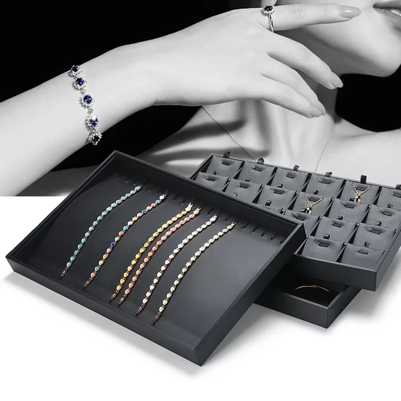 Black PU Leather Jewelry Tray with Fabric Insert,Black Faux Leather Ring Display Tray with Slots,Multi-compartment Black PU Leather Jewelry Tray,Bulk Black PU Leather Ring Display Trays for Jewelers