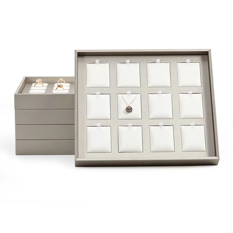 12-slot pendant tray in brushed silver PU leather