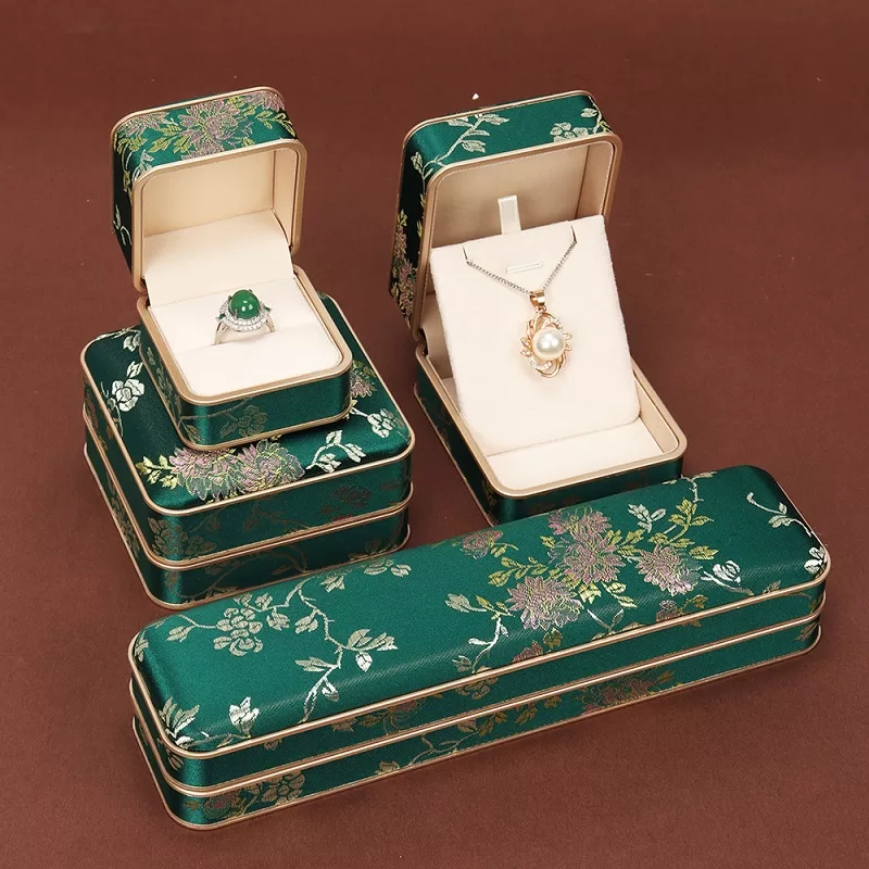 Small green brocade ring box open view