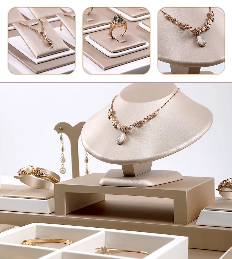 12 styles of champagne gold and white jewelry display trays with dimensions