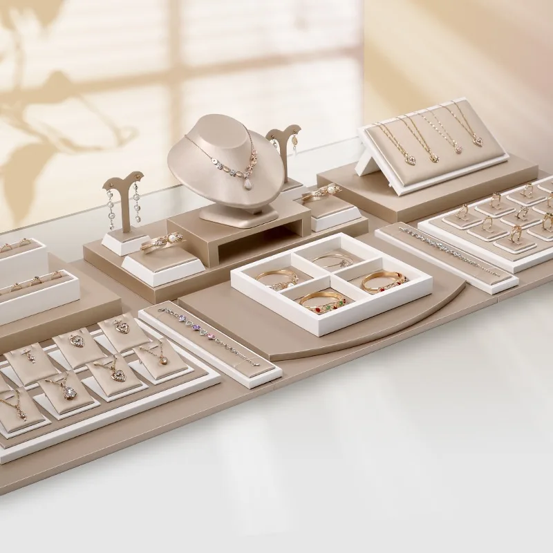 Full set of champagne brushed jewelry display props for retail showcase