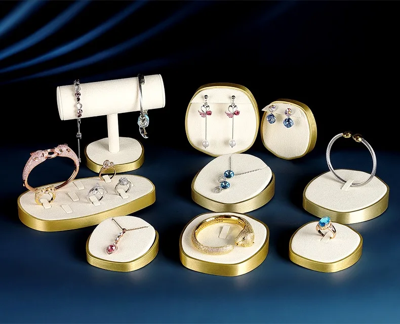 Gold metal border microfiber jewelry display tray set wholesale in beige